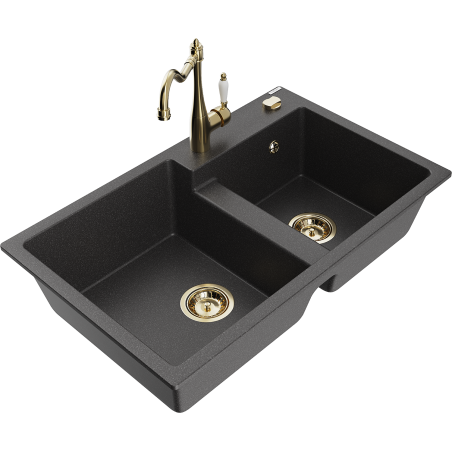 Mexen Tomas granite double sink with Carla kitchen tap, speckled black - 6516-76-670700-50