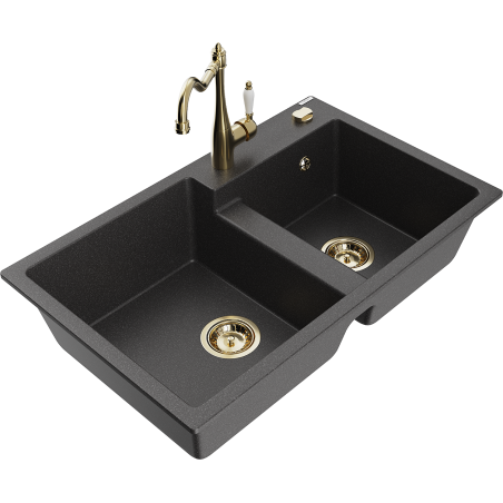 Mexen Tomas granite kitchen sink 2-chamber with kitchen faucet Carla, black speckled - 6516-76-670700-50