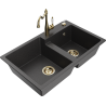 Mexen Tomas granite double sink with Carla kitchen tap, speckled black - 6516-76-670700-50