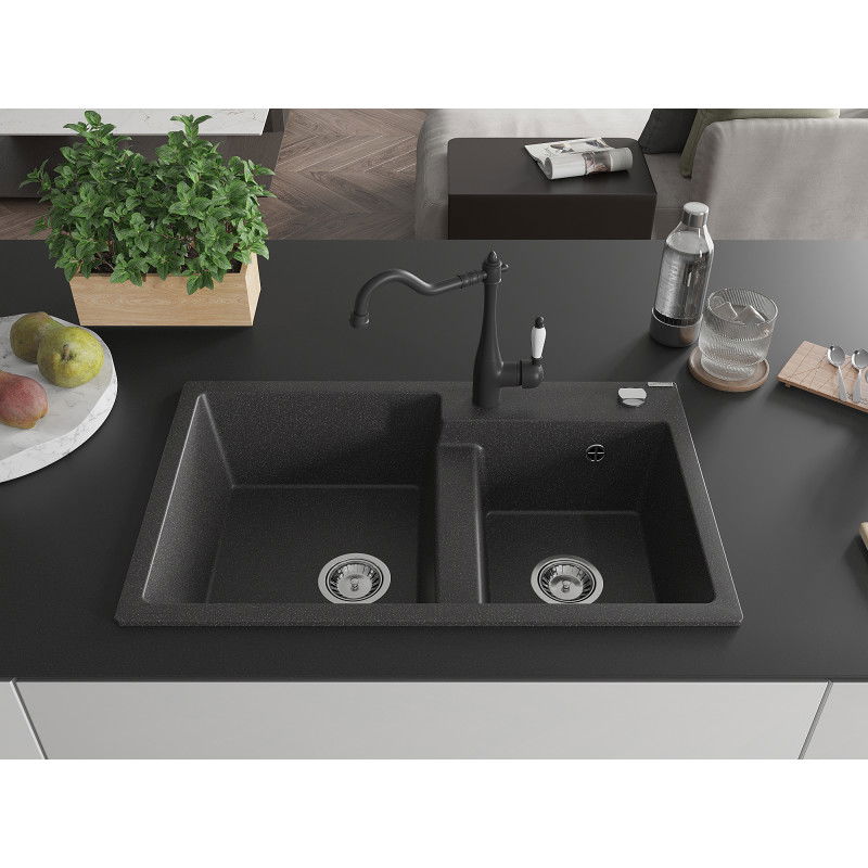 Mexen Tomas granite sink 2-chamber with Carla kitchen tap, black speckled - 6516-76-670700-70