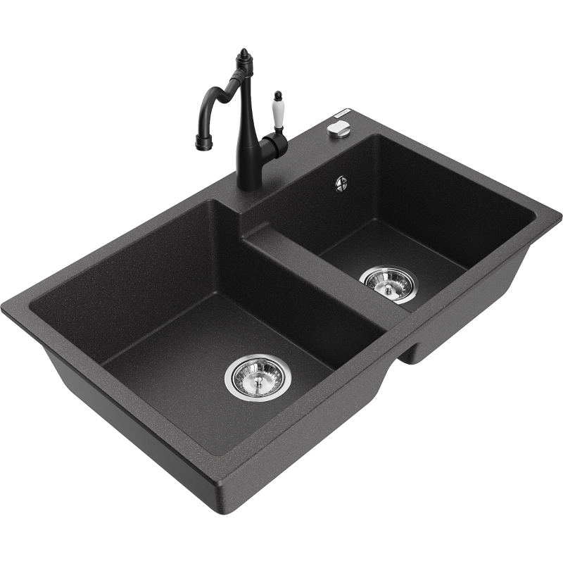 Mexen Tomas fregadero de granito de 2 compartimentos con grifo de cocina Carla, negro moteado - 6516-76-670700-70