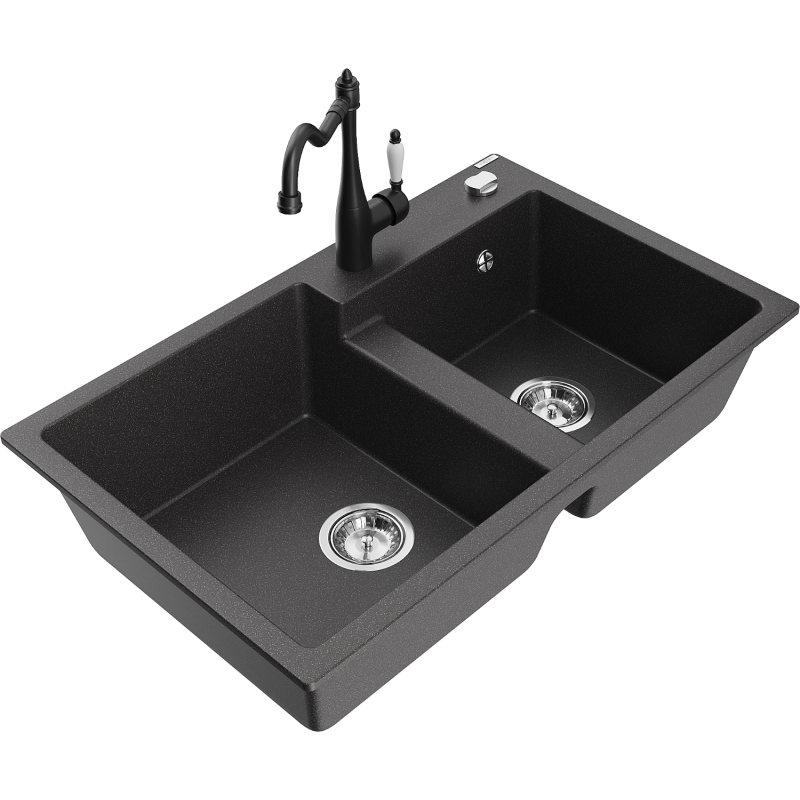 Mexen Tomas granite sink 2-chamber with Carla kitchen tap, black speckled - 6516-76-670700-70