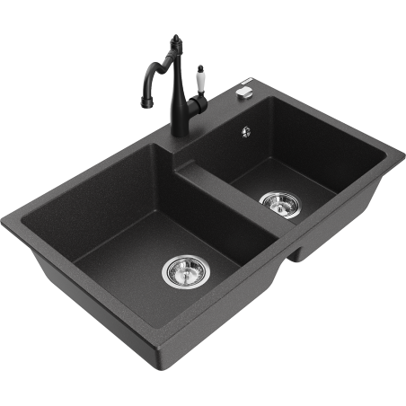 Mexen Tomas granite sink 2-chamber with Carla kitchen tap, black speckled - 6516-76-670700-70