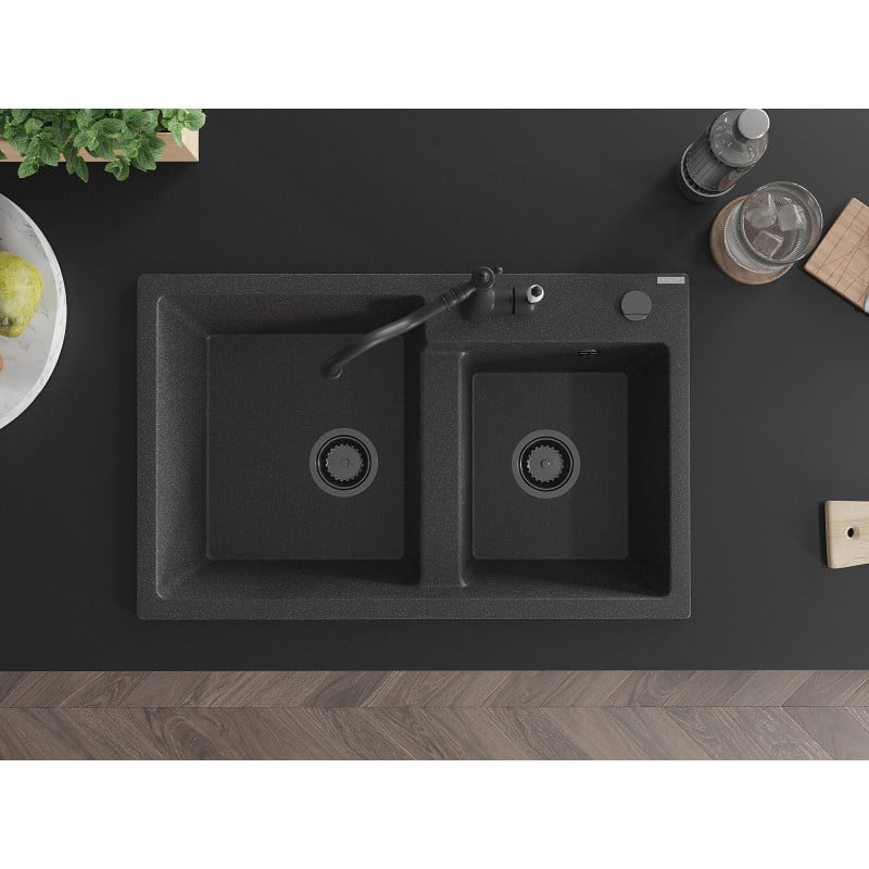 Mexen Tomas lavello da cucina in granito a 2 vasche con miscelatore monocomando Carla, nero maculato - 6516-76-670700-70-B