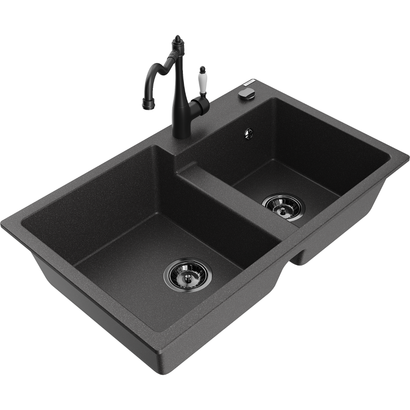 Mexen Tomas granieten spoelbak met 2 kommen en keukenkraan Carla, zwart gespikkeld - 6516-76-670700-70-B