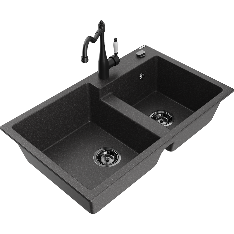 Mexen Tomas Granite Kitchen Sink 2-Bowl with Carla Faucet, Black Speckled - 6516-76-670700-70-B
