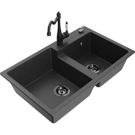 Mexen Tomas fregadero de granito de 2 cubetas con grifo de cocina Carla, negro moteado - 6516-76-670700-70-B