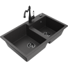 Mexen Tomas Granite Kitchen Sink 2-Bowl with Carla Faucet, Black Speckled - 6516-76-670700-70-B