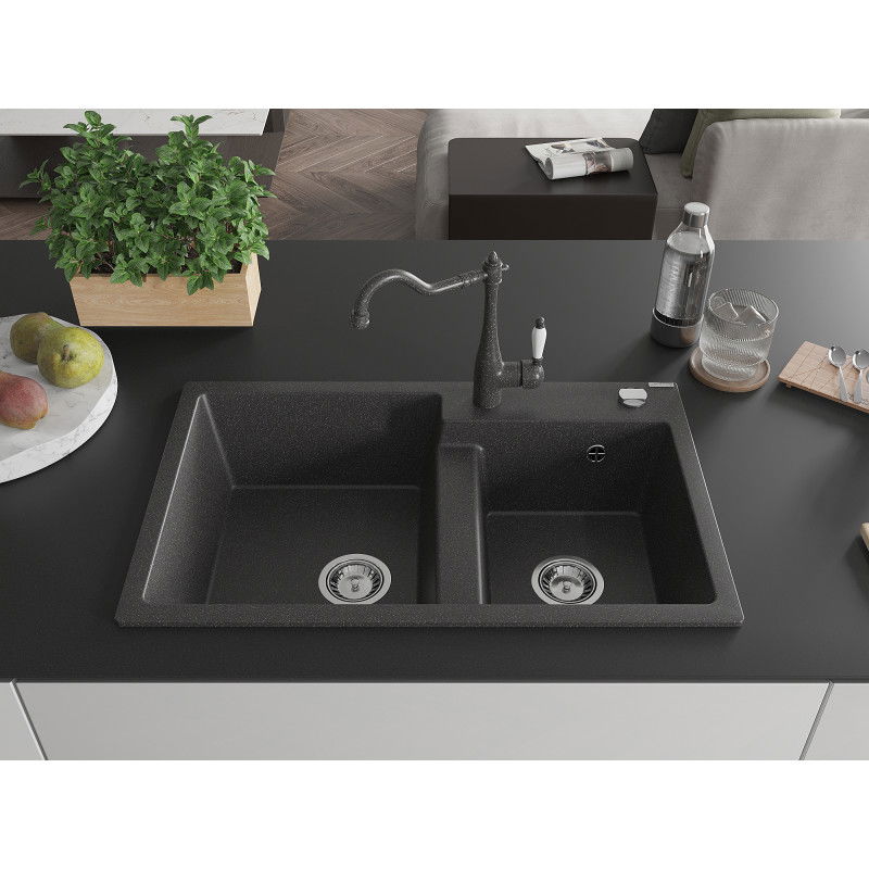 Mexen Tomas granite kitchen sink 2-bowl with Carla kitchen tap, black speckled - 6516-76-670700-76