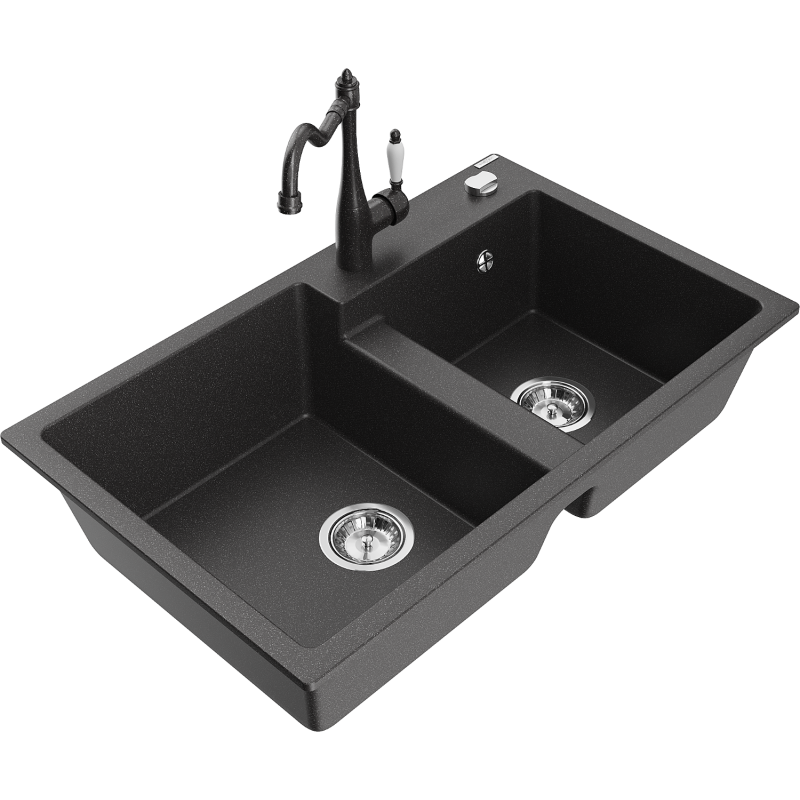 Mexen Tomas Graniittinen kaksialtainen keittiöallas ja keittiöhana Carla, musta pilkullinen - 6516-76-670700-76