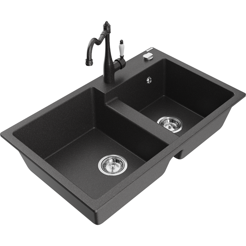 Mexen Tomas granite kitchen sink 2-bowl with Carla kitchen tap, black speckled - 6516-76-670700-76