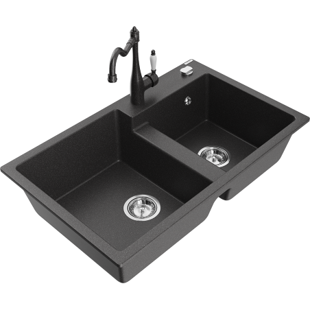 Mexen Tomas granite kitchen sink 2-bowl with Carla kitchen tap, black speckled - 6516-76-670700-76