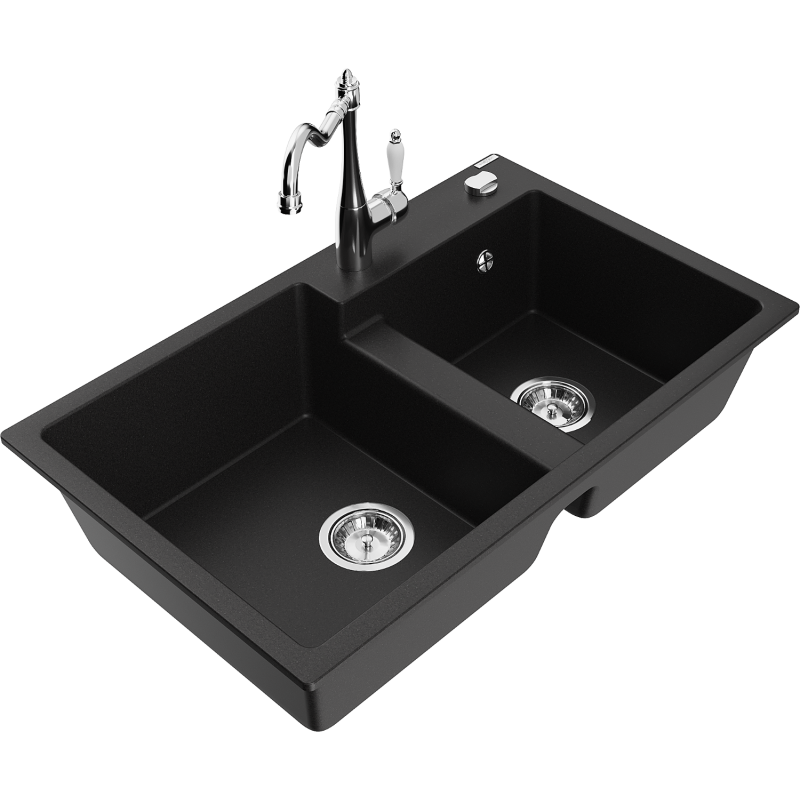 Mexen Tomas granitdiskho med 2 fack med köksblandare Carla, svart - 6516-77-670700-00