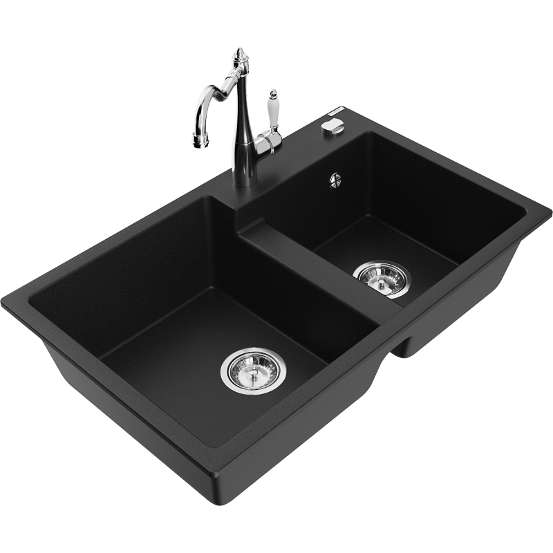 Mexen Tomas granite sink 2-bowl with Carla kitchen tap, black - 6516-77-670700-00