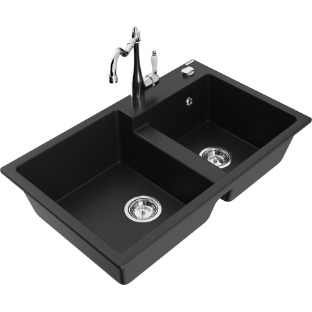 Mexen Tomas granite sink 2-bowl with Carla kitchen tap, black - 6516-77-670700-00