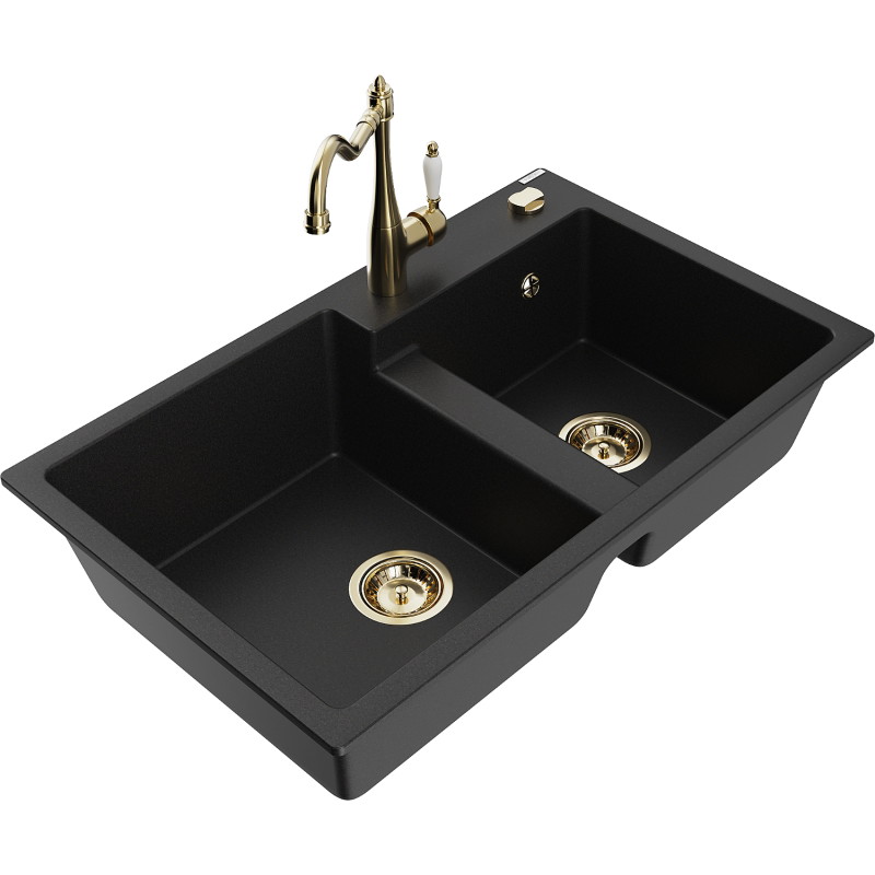 Mexen Tomas fregadero de granito de 2 senos con grifo de cocina Carla, negro - 6516-77-670700-50