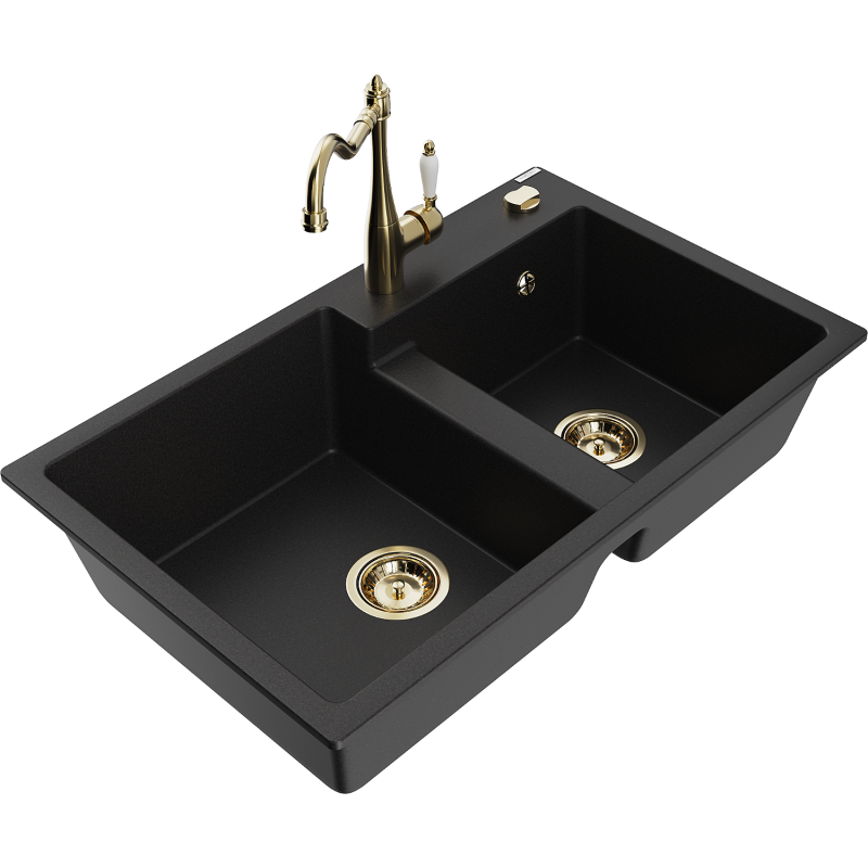 Mexen Tomas granitdiskbänk med 2 kammare och köksblandare Carla, svart - 6516-77-670700-50