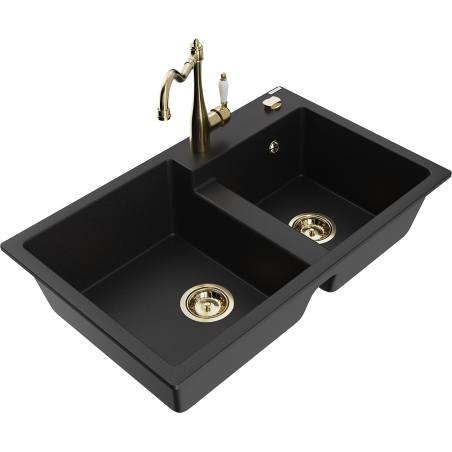Mexen Tomas granite sink 2-bowl with Carla kitchen tap, black - 6516-77-670700-50