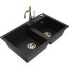 Mexen Tomas granite sink 2-bowl with Carla kitchen tap, black - 6516-77-670700-50