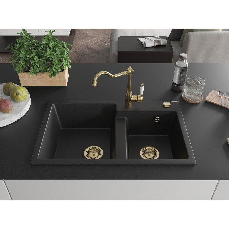 Mexen Tomas fregadero de granito de 2 senos con grifo de cocina Carla, negro - 6516-77-670700-50