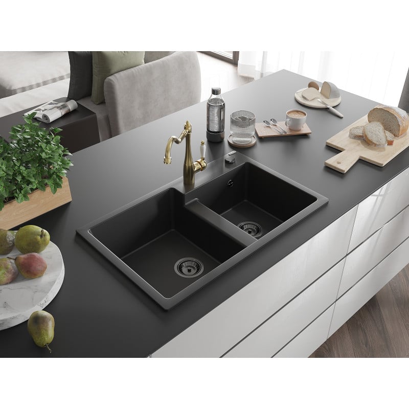 Mexen Tomas granite sink 2-chamber with Carla kitchen tap, black - 6516-77-670700-50-B