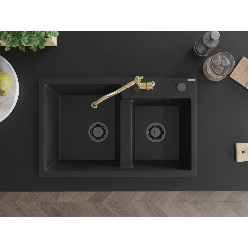 Mexen Tomas granite sink 2-chamber with Carla kitchen tap, black - 6516-77-670700-50-B
