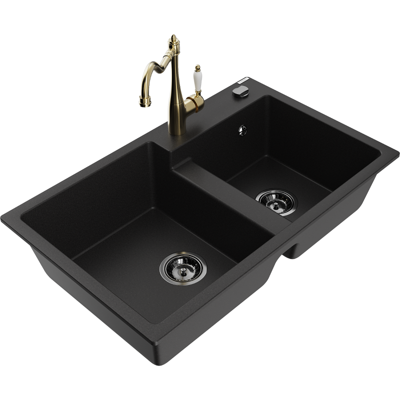 Mexen Tomas granite sink 2-chamber with Carla kitchen tap, black - 6516-77-670700-50-B