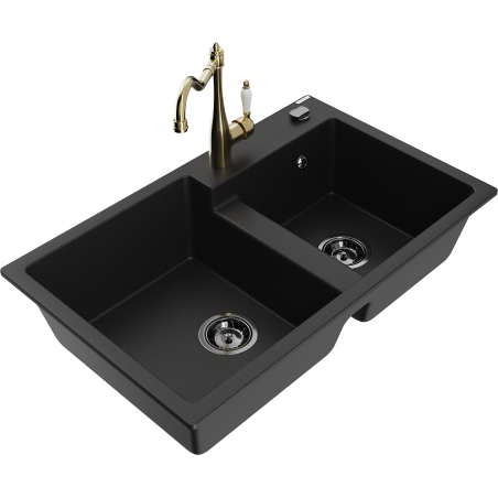Mexen Tomas fregadero de granito de 2 cubetas con grifo de cocina Carla, negro - 6516-77-670700-50-B
