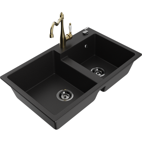 Mexen Tomas granite sink 2-chamber with Carla kitchen tap, black - 6516-77-670700-50-B
