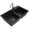 Mexen Tomas granite sink 2-chamber with Carla kitchen tap, black - 6516-77-670700-50-B
