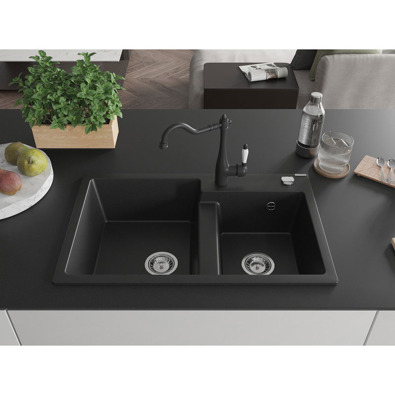 Mexen Tomas granite sink 2-bowl with Carla kitchen tap, black - 6516-77-670700-70