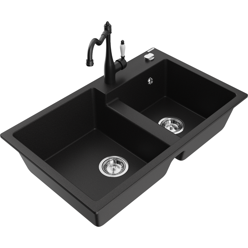 Mexen Tomas granite sink 2-bowl with Carla kitchen tap, black - 6516-77-670700-70