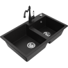 Mexen Tomas granite sink 2-bowl with Carla kitchen tap, black - 6516-77-670700-70