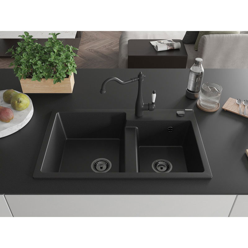 Mexen Tomas granite kitchen sink with 2 bowls and Carla kitchen tap, black - 6516-77-670700-70-B