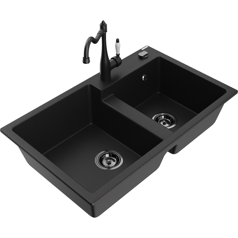 Mexen Tomas lava-louça de granito de 2 cubas com torneira de cozinha Carla, preto - 6516-77-670700-70-B