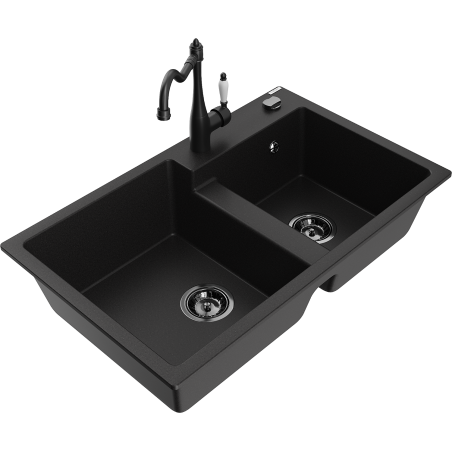 Mexen Tomas granite kitchen sink with 2 bowls and Carla kitchen tap, black - 6516-77-670700-70-B