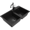 Mexen Tomas granite kitchen sink with 2 bowls and Carla kitchen tap, black - 6516-77-670700-70-B