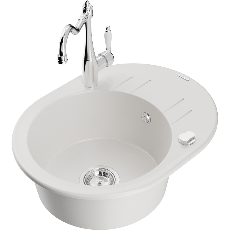 Mexen Kevin granite sink 1-bowl with drainer and Carla kitchen tap, white - 6517-20-670700-00