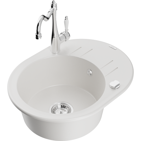 Mexen Kevin granite sink 1-bowl with drainer and Carla kitchen tap, white - 6517-20-670700-00