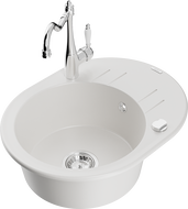 Mexen Kevin granite sink 1-bowl with drainer and Carla kitchen tap, white - 6517-20-670700-00