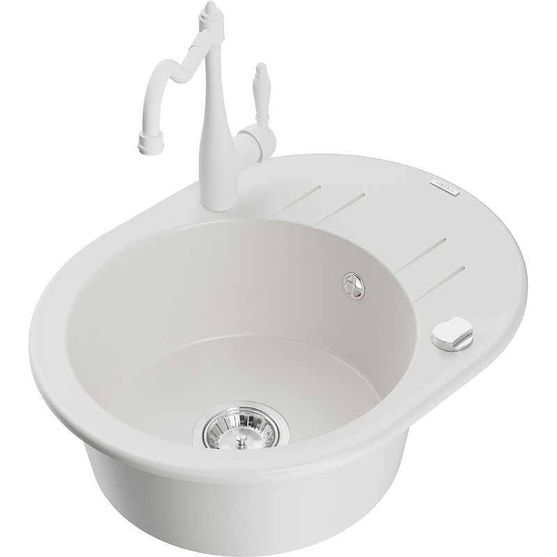 Mexen Kevin granite sink 1-bowl with drainer and kitchen tap Carla, white - 6517-20-670700-20