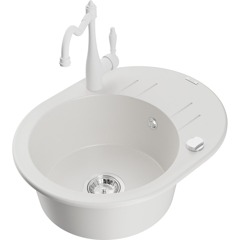 Mexen Kevin granitische spoelbak 1-kamer met druiprek en keukenkraan Carla, wit - 6517-20-670700-20