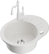 Mexen Kevin Granite Kitchen Sink 1-Bowl with Drainer and Carla Kitchen Faucet, White - 6517-20-670700-20