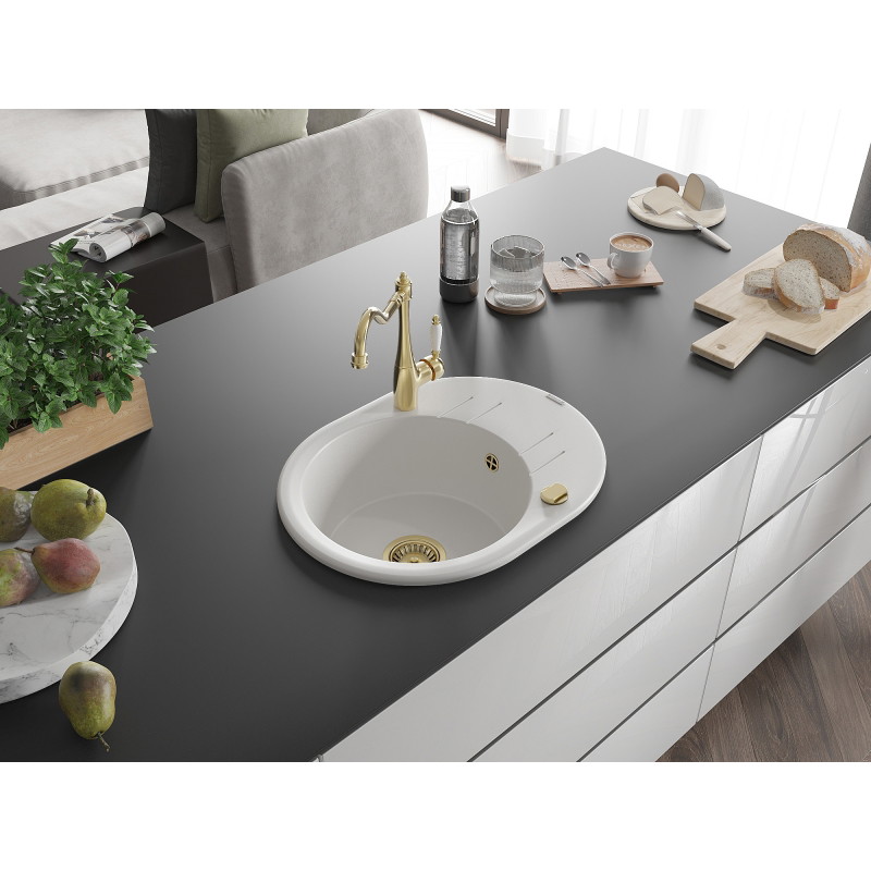 Mexen Kevin fregadero de granito de 1 seno con escurridor y grifo de cocina Carla, blanco - 6517-20-670700-50
