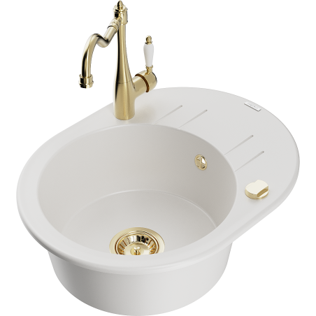 Mexen Kevin lava-loiça de granito de 1 cuba com escorredor e torneira de cozinha Carla, branco - 6517-20-670700-50