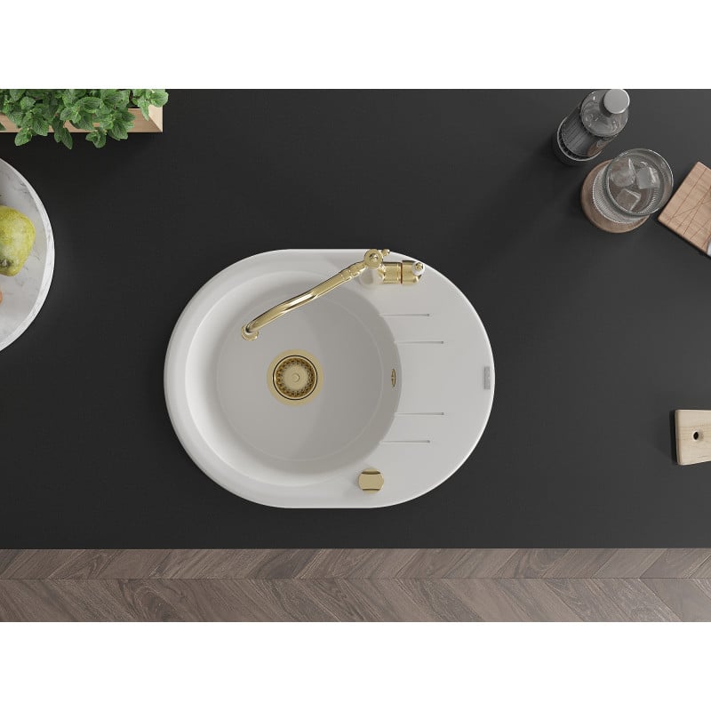 Mexen Kevin lava-loiça de granito de 1 cuba com escorredor e torneira de cozinha Carla, branco - 6517-20-670700-50