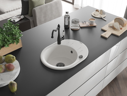 Mexen Kevin 1-bowl granite sink with drainer and Carla kitchen tap, white - 6517-20-670700-70