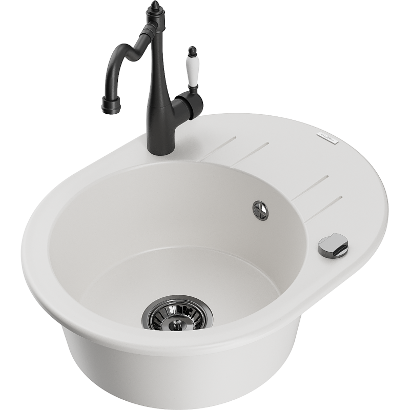 Mexen Kevin lava-louça de granito de 1 cuba com escorredor e torneira de cozinha Carla, branco - 6517-20-670700-70