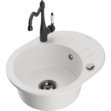 Mexen Kevin Granitspüle 1-Kammer mit Abtropffläche und Küchenarmatur Carla, weiß - 6517-20-670700-70