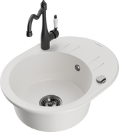 Mexen Kevin 1-bowl granite sink with drainer and Carla kitchen tap, white - 6517-20-670700-70